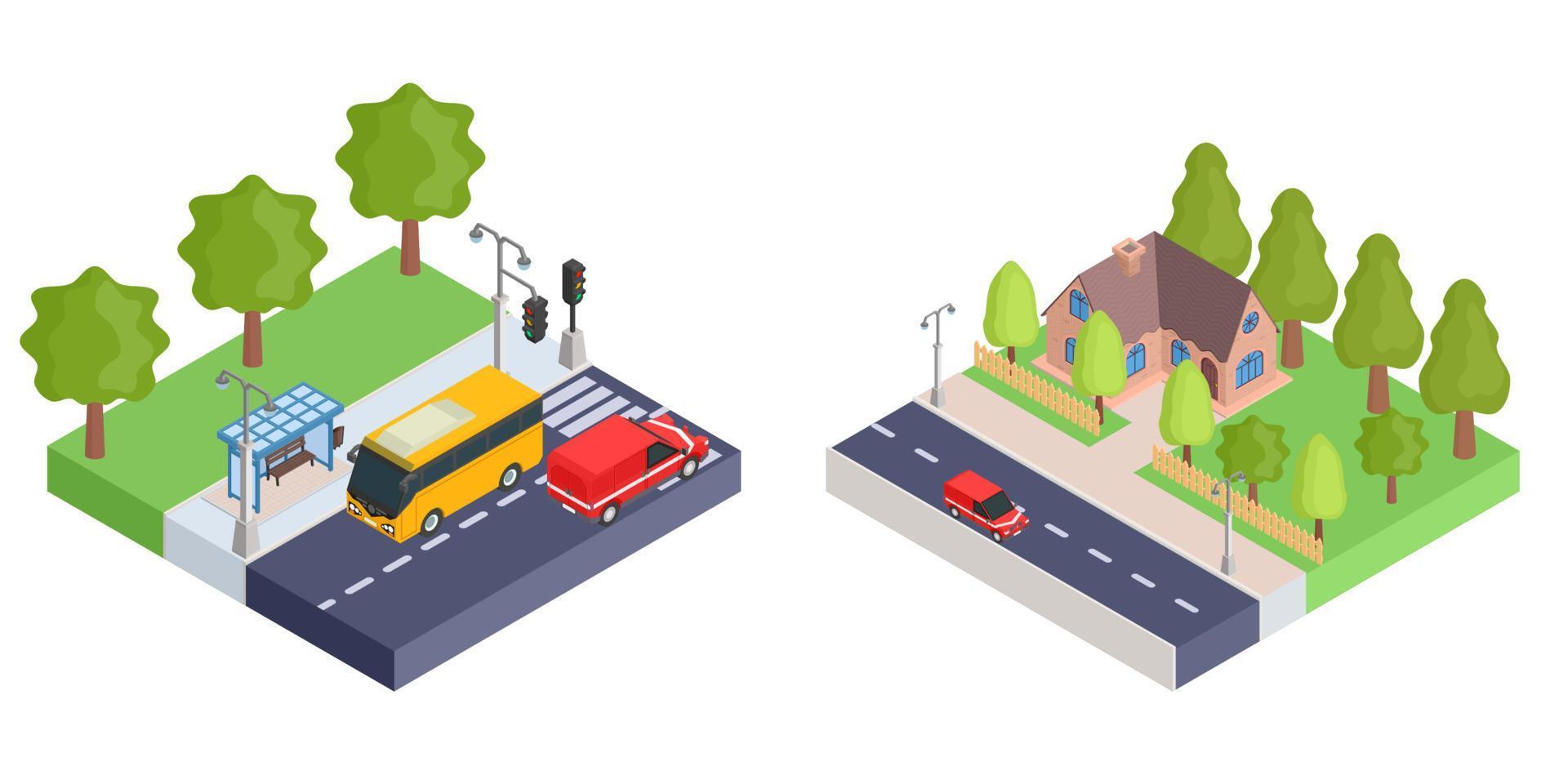 Outside isometric house and bus stop with cars.vector stock vector
