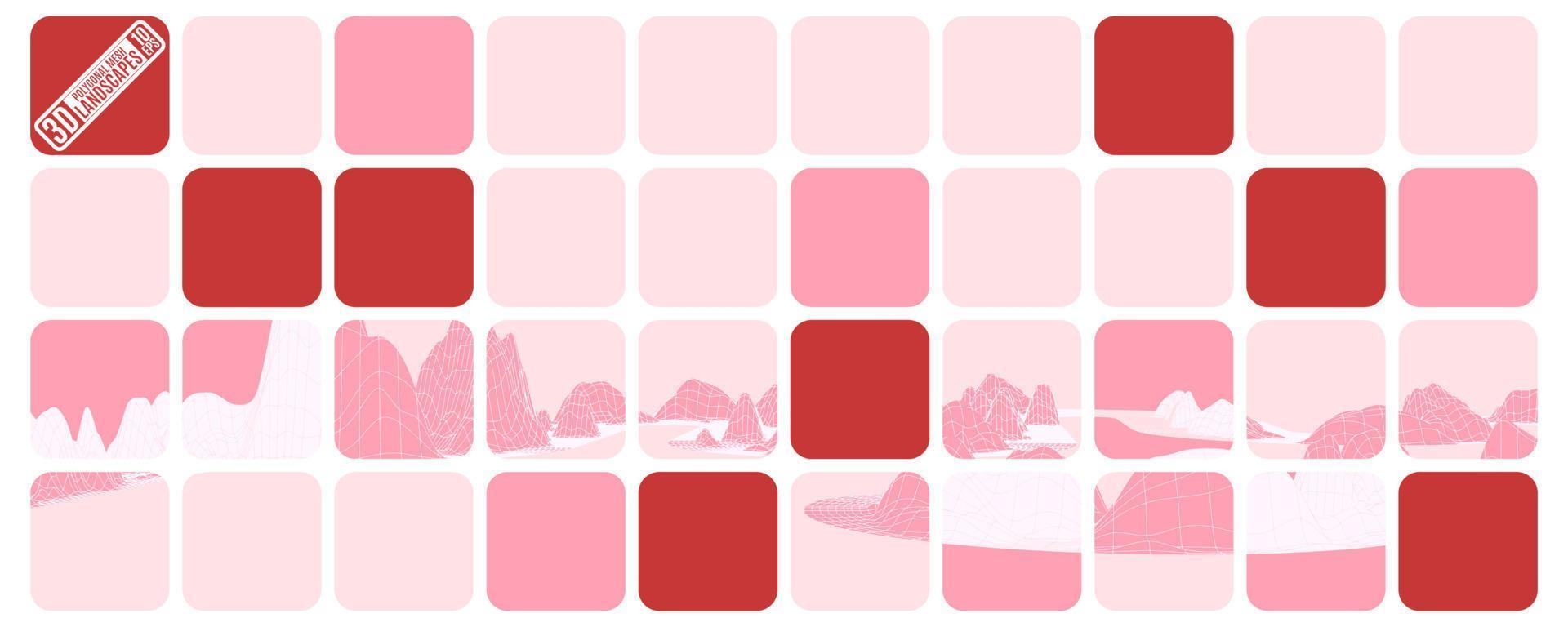 pink mosaic cubes of red and white with polygonal mountains vector