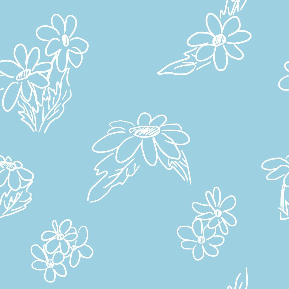 simple chamomile doodle pattern on blue background vector