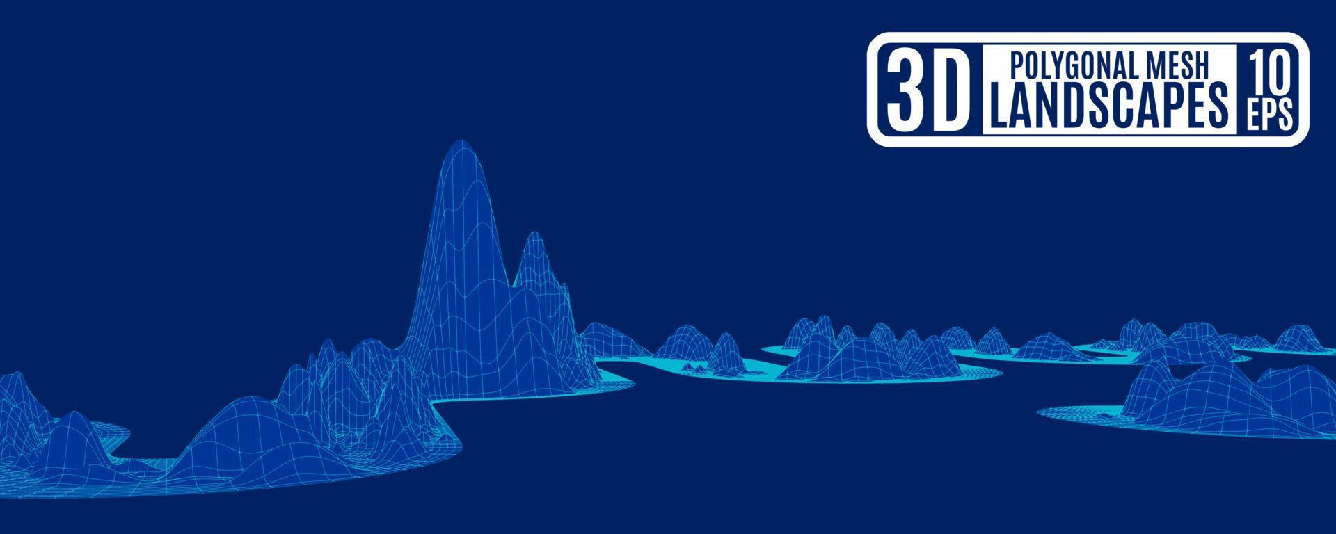 Paisaje fantástico de montañas poligonales en neón mágico azul vector