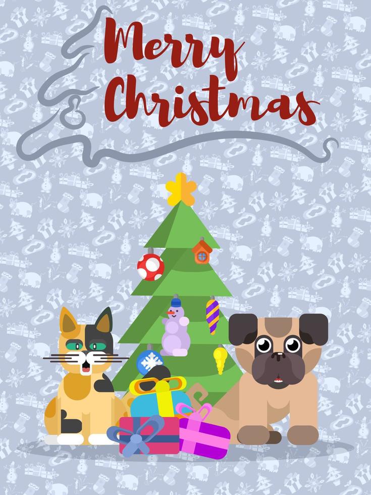 cartel de navidad con perro, árbol y gato nuevo vector