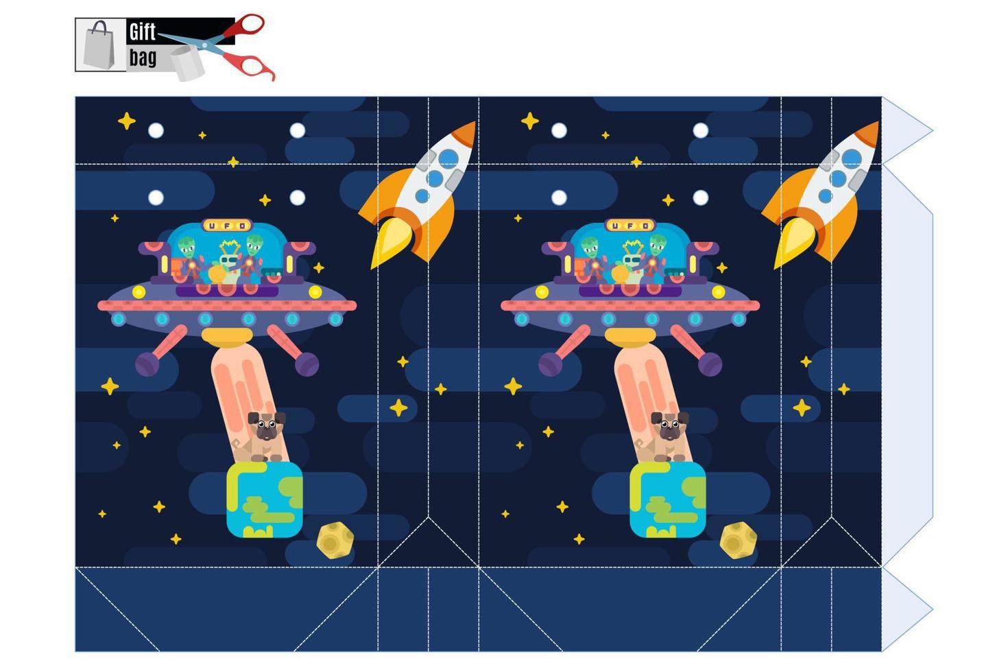 caja de regalo brillante con órbita espacial y tierra y extraterrestres. vector de imagen de stock