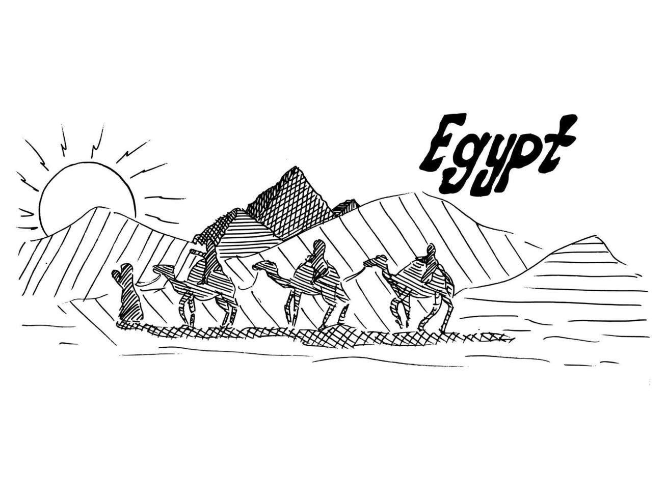 bosquejo egipcio en blanco y negro con camellos y desierto vector