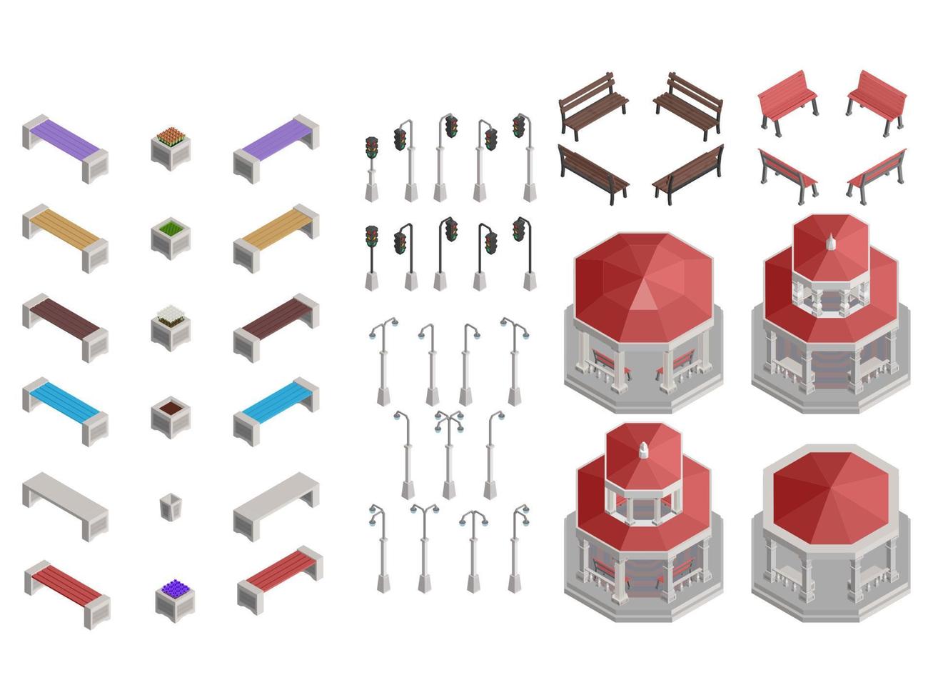 isometric selection of gazebo park details for construction vector