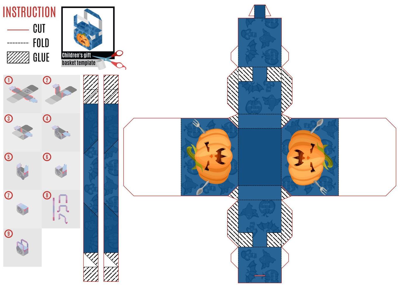 Cajas de plantilla para dulces con una calabaza malvada con cubiertos. vector