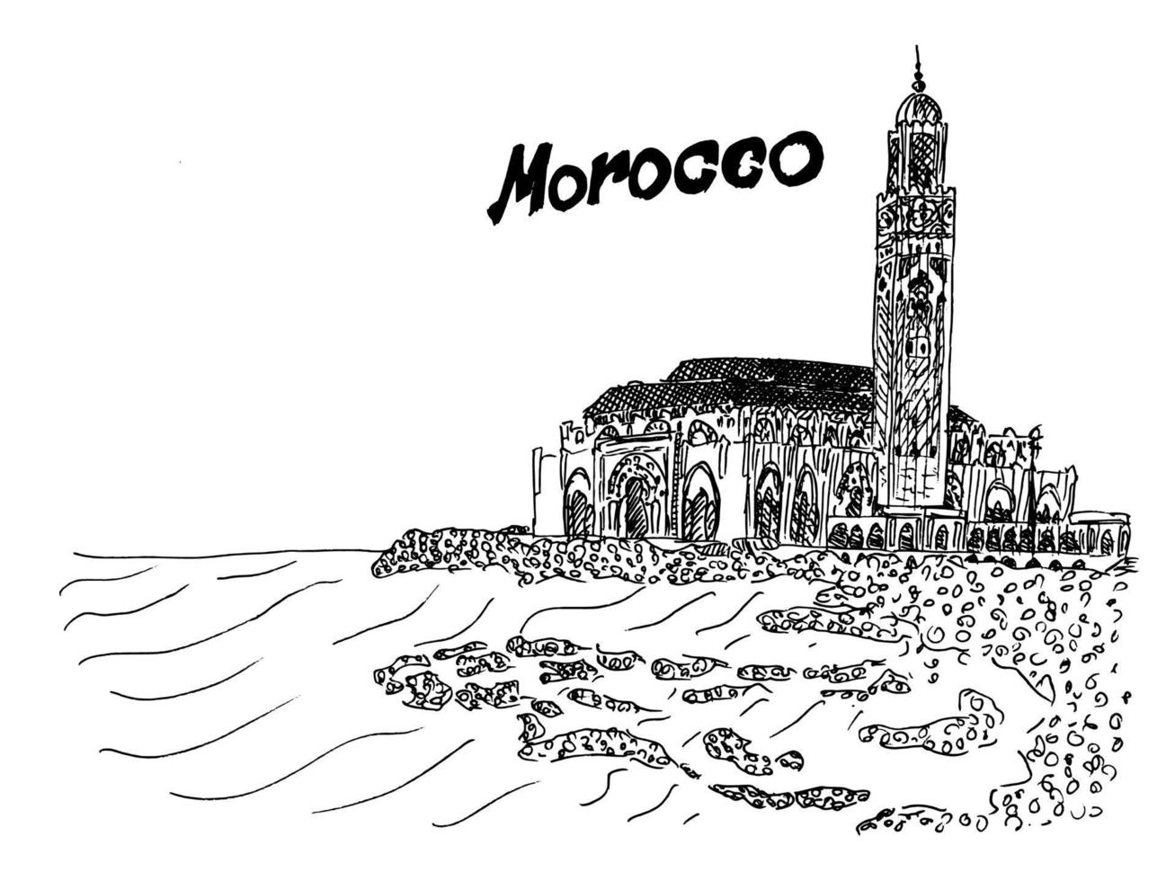 Morocco black and white illustration temple on the coast vector