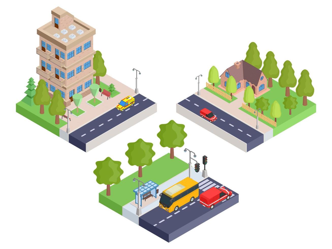 Set isometric houses and bus stop.vector stock image vector