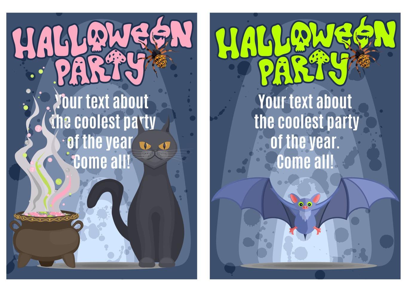 dos carteles de halloween con un gato y un murciélago. vector de imagen de stock