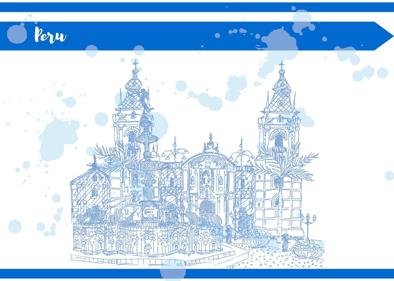 sketch blue illustration of feather fountain and palace vector