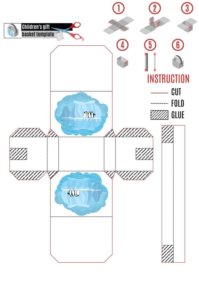 white paper basket with penguins for cutting vector