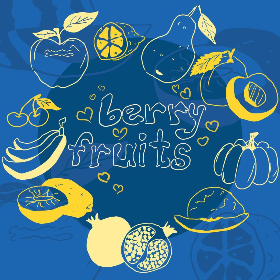 cartel de fruta doodle sobre fondo azul brillante vector