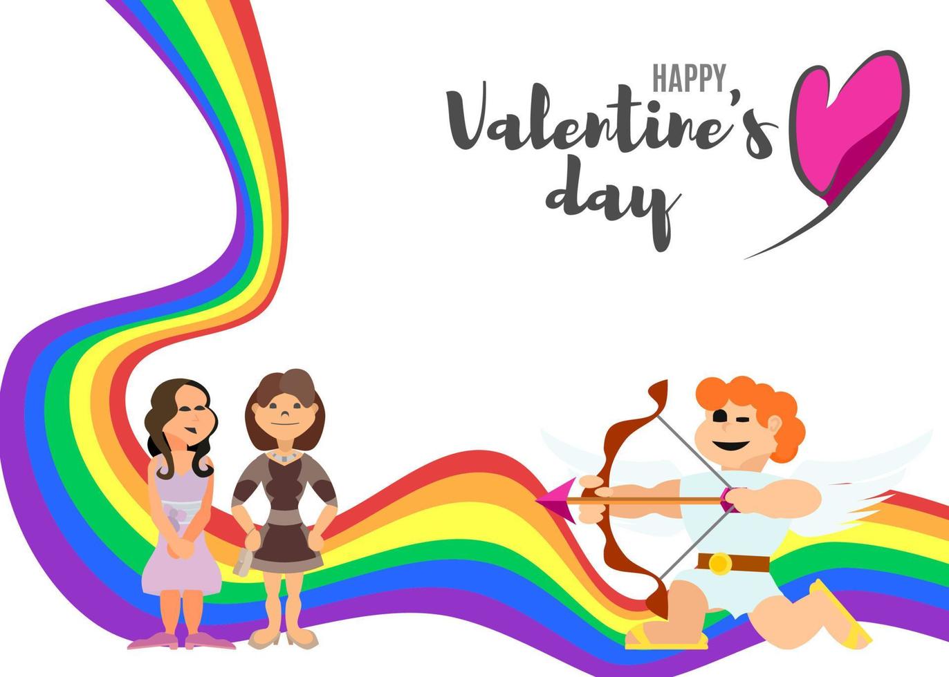 cartel con un arco iris para el día de los enamorados con mujeres y cupido. vector