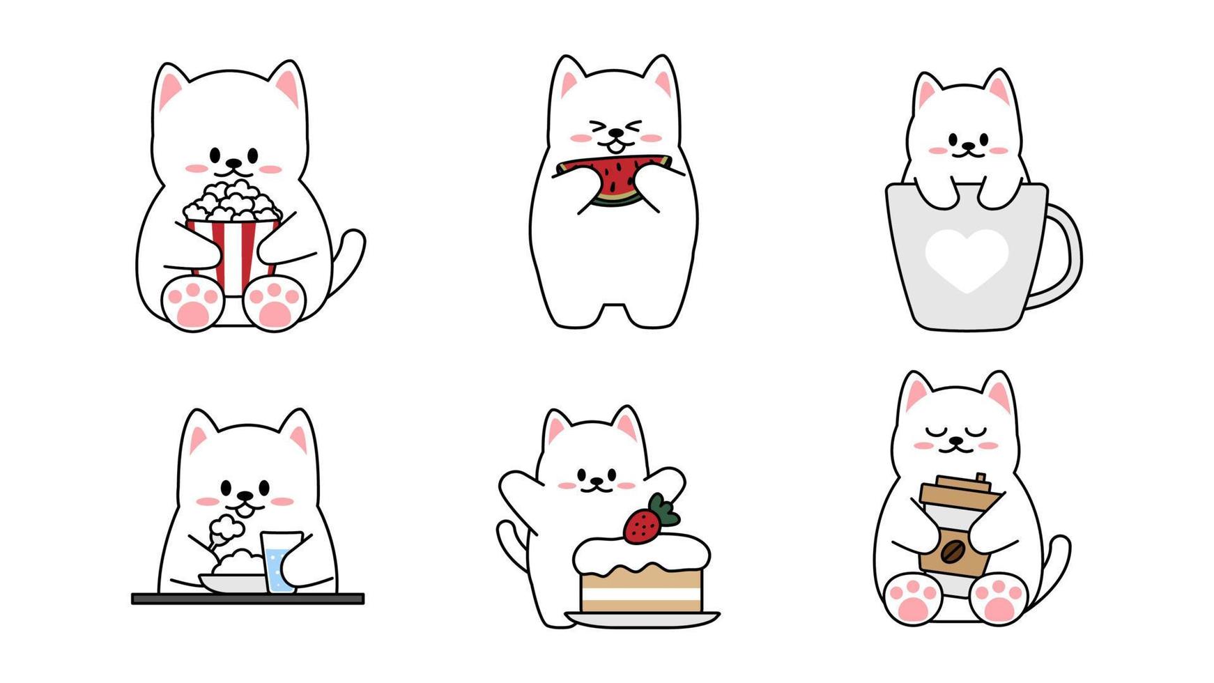 colección de diferentes gatitos lindos sobre un fondo blanco. Conjunto kawaii de diseño de personajes de animales divertidos en estilo de dibujos animados. gato mascota. pegatinas de bebé. ilustración vectorial. vector