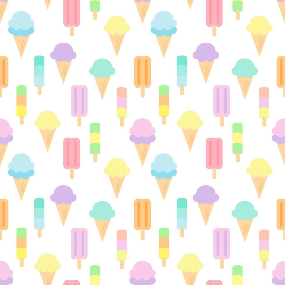 Sweet pastel seamless pattern of ice cream isolated on white background. They are colorful and suitable for wrapping paper or fabric in summer. vector