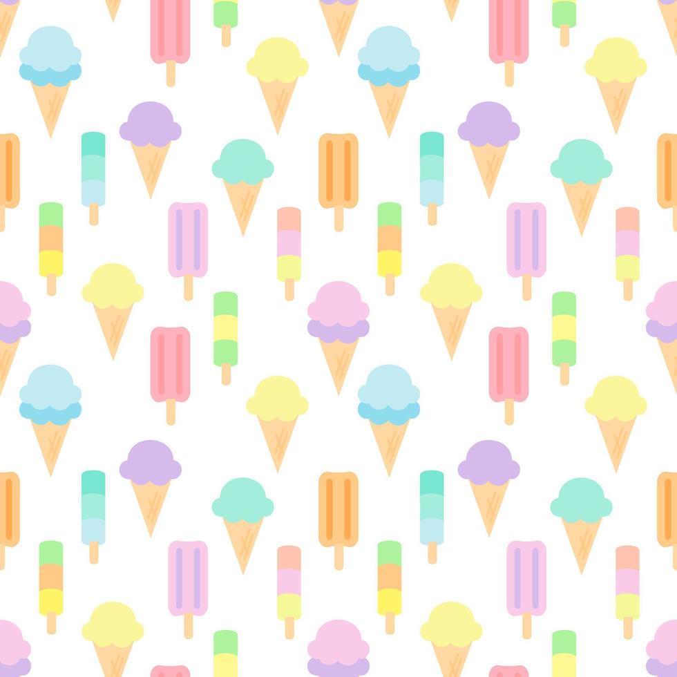 Sweet pastel seamless pattern of ice cream isolated on white background. They are colorful and suitable for wrapping paper or fabric in summer. vector