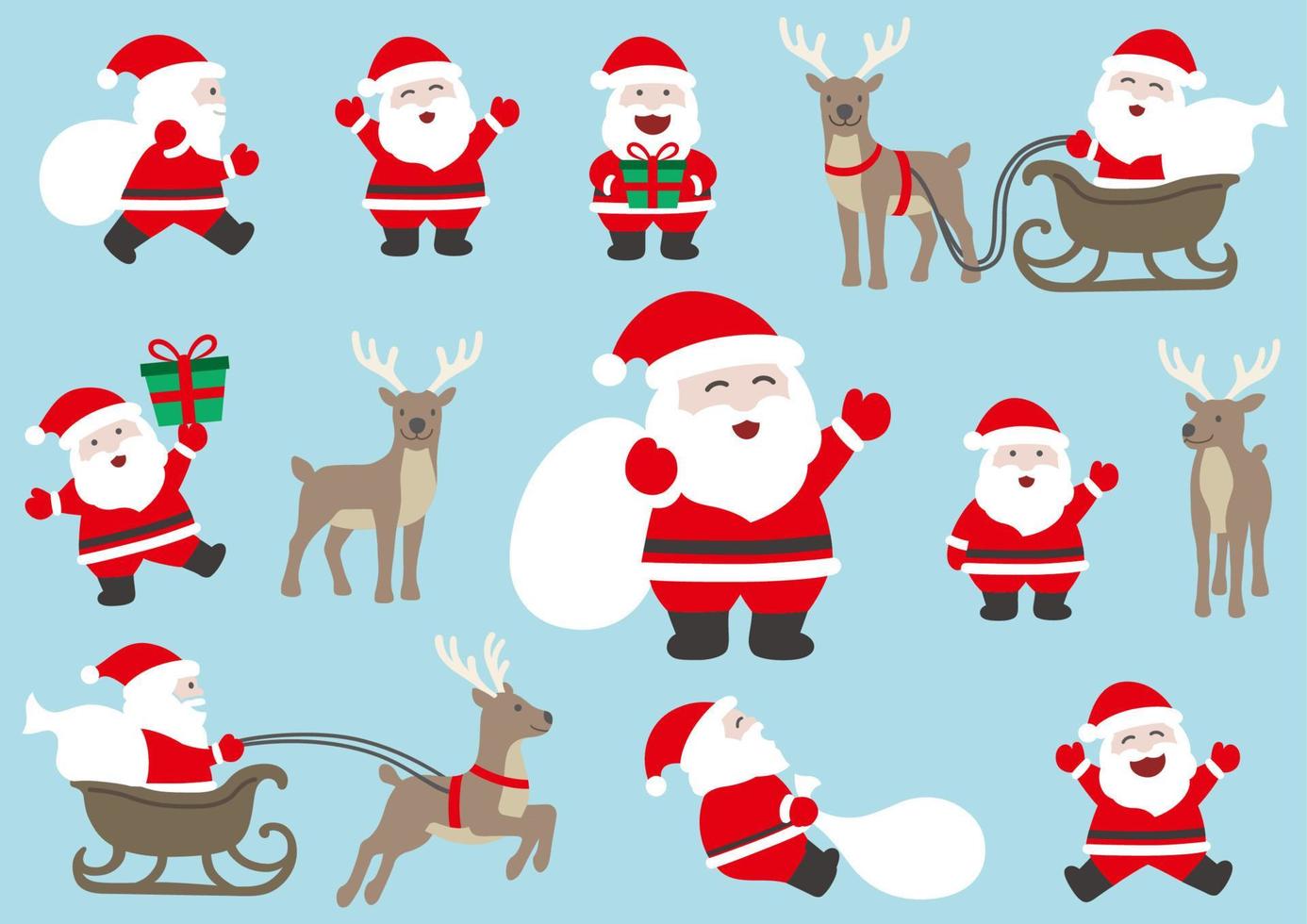 Funny Cartoonish Santa Claus And Reindeer Set. Vector Flat Illustration Isolated On A Blue Background.