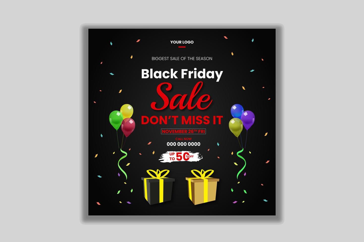 Banner de promoción de venta de viernes negro con regalos y globos. vector