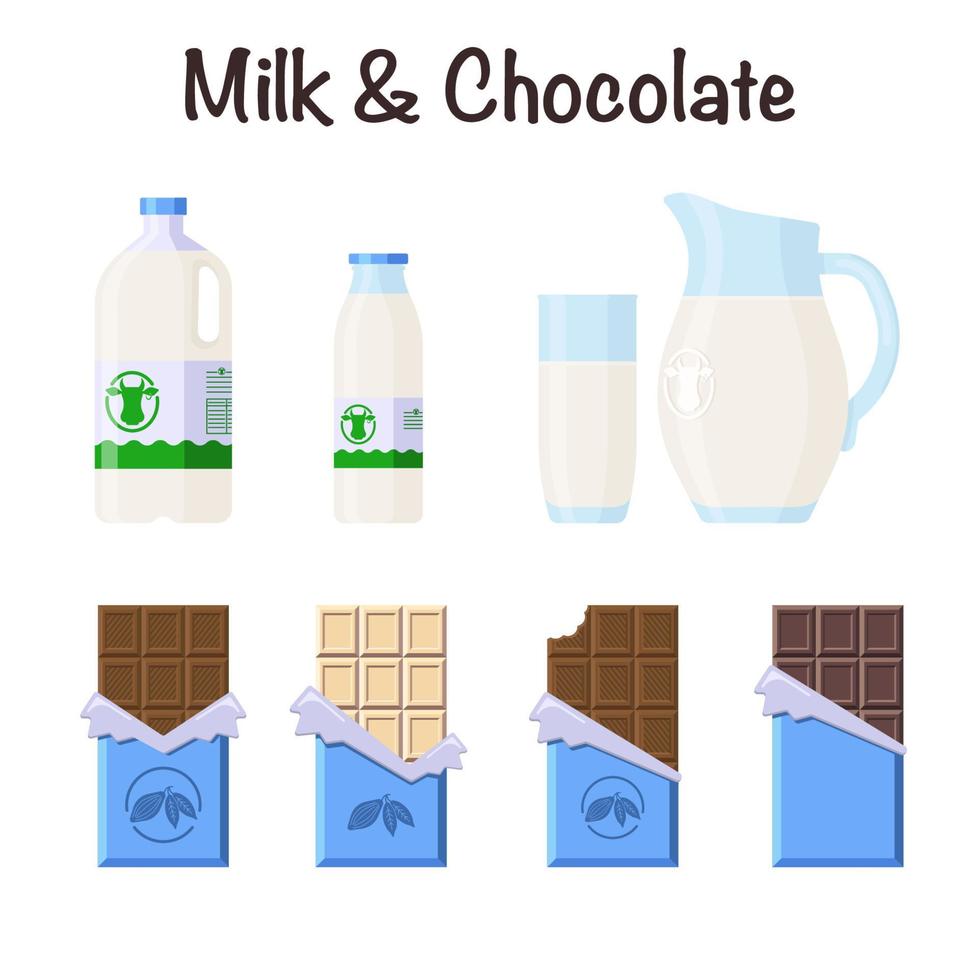 Conjunto de barras de leche y chocolate. estilo plano. colección de dulces y productos lácteos en diferentes paquetes para logotipo, etiqueta, pegatina, impresión, receta, menú, decoración y decoración vector