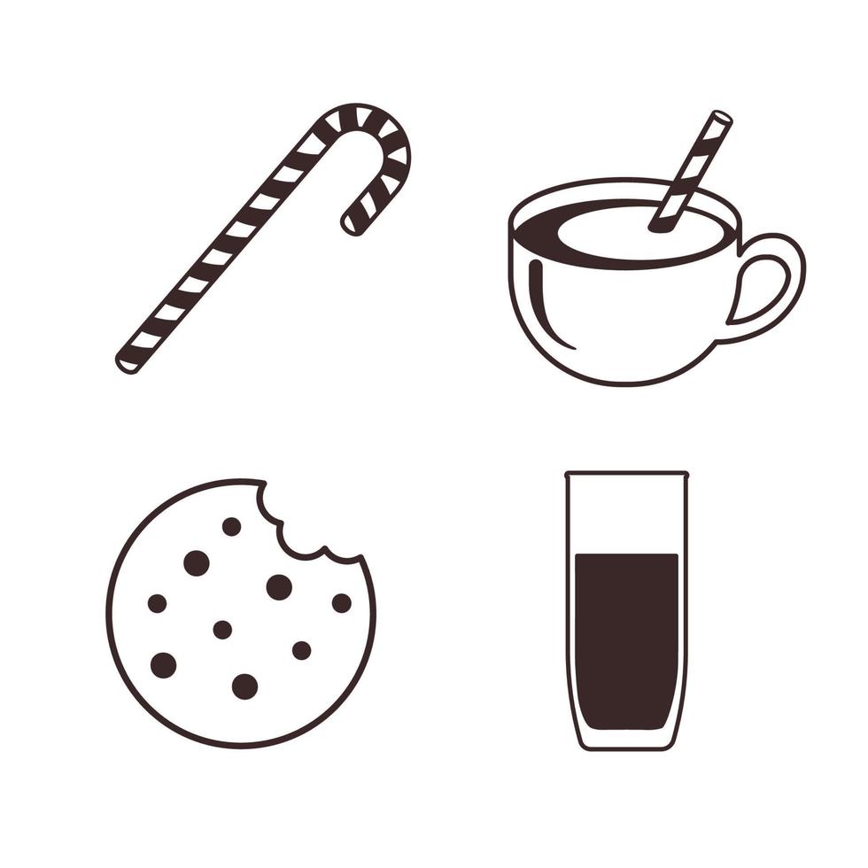 Christmas Snacks Icons. Cacao, Cookie, Xmas Candy and Glass of Milk. Winter Goodies Set for logo, label, sticker, print, recipe, menu decor and decoration vector