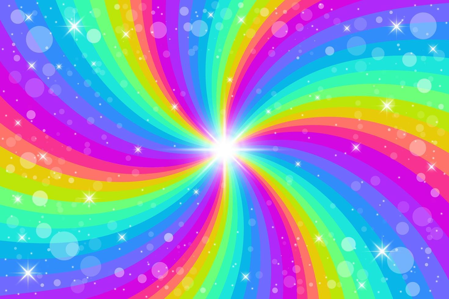 Rainbow swirl background with stars. Radial gradient rainbow of twisted spiral. Vector illustration.