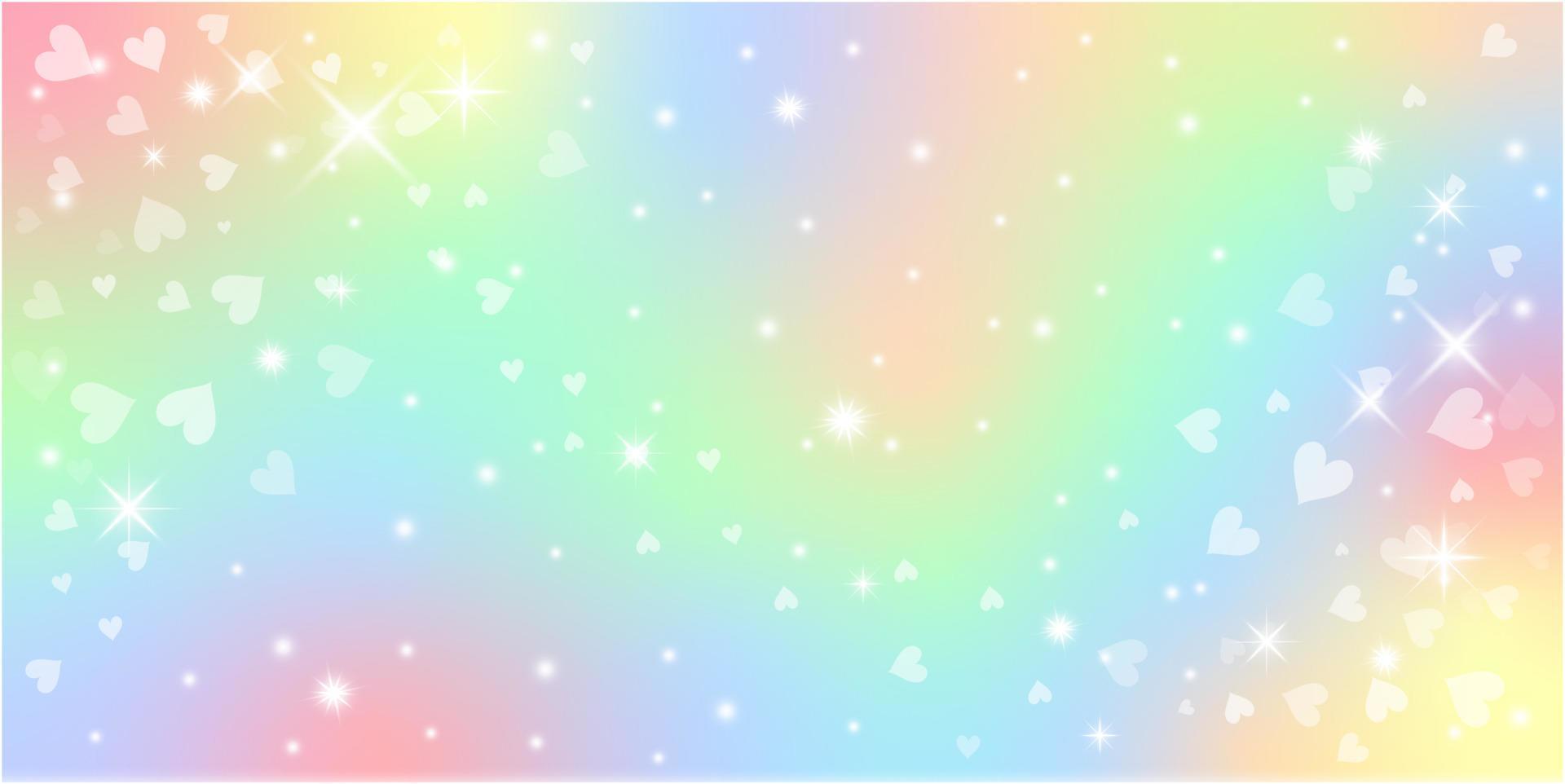 Fondo de fantasía de arco iris. Ilustración holográfica en colores pastel. Fondo femenino de dibujos animados lindo. cielo multicolor brillante con bokeh y corazones. vector. vector