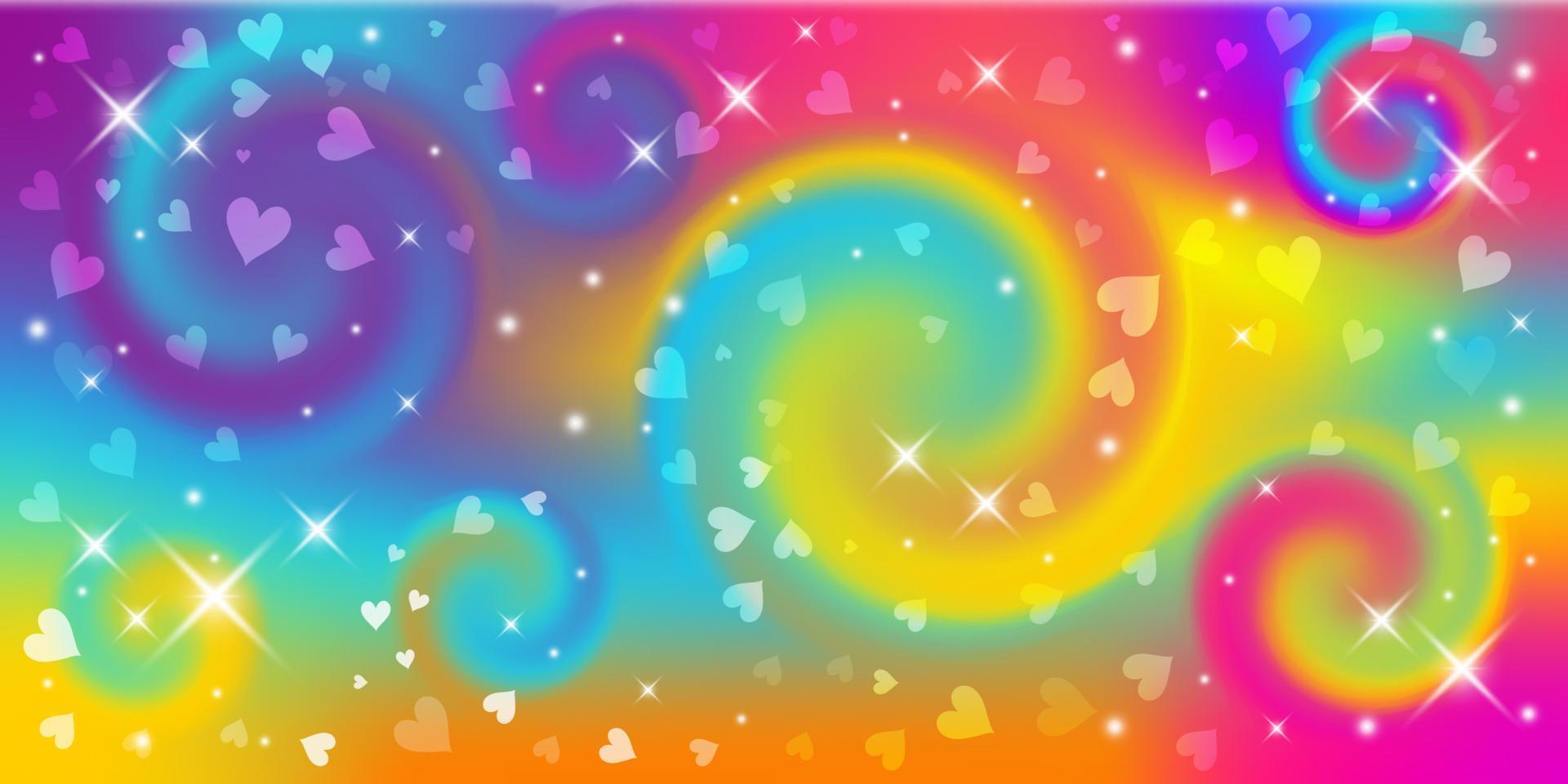 fondo de fantasía. Ilustración holográfica en colores pastel. Fondo femenino de dibujos animados lindo. cielo multicolor brillante con estrellas y corazones. vector. vector