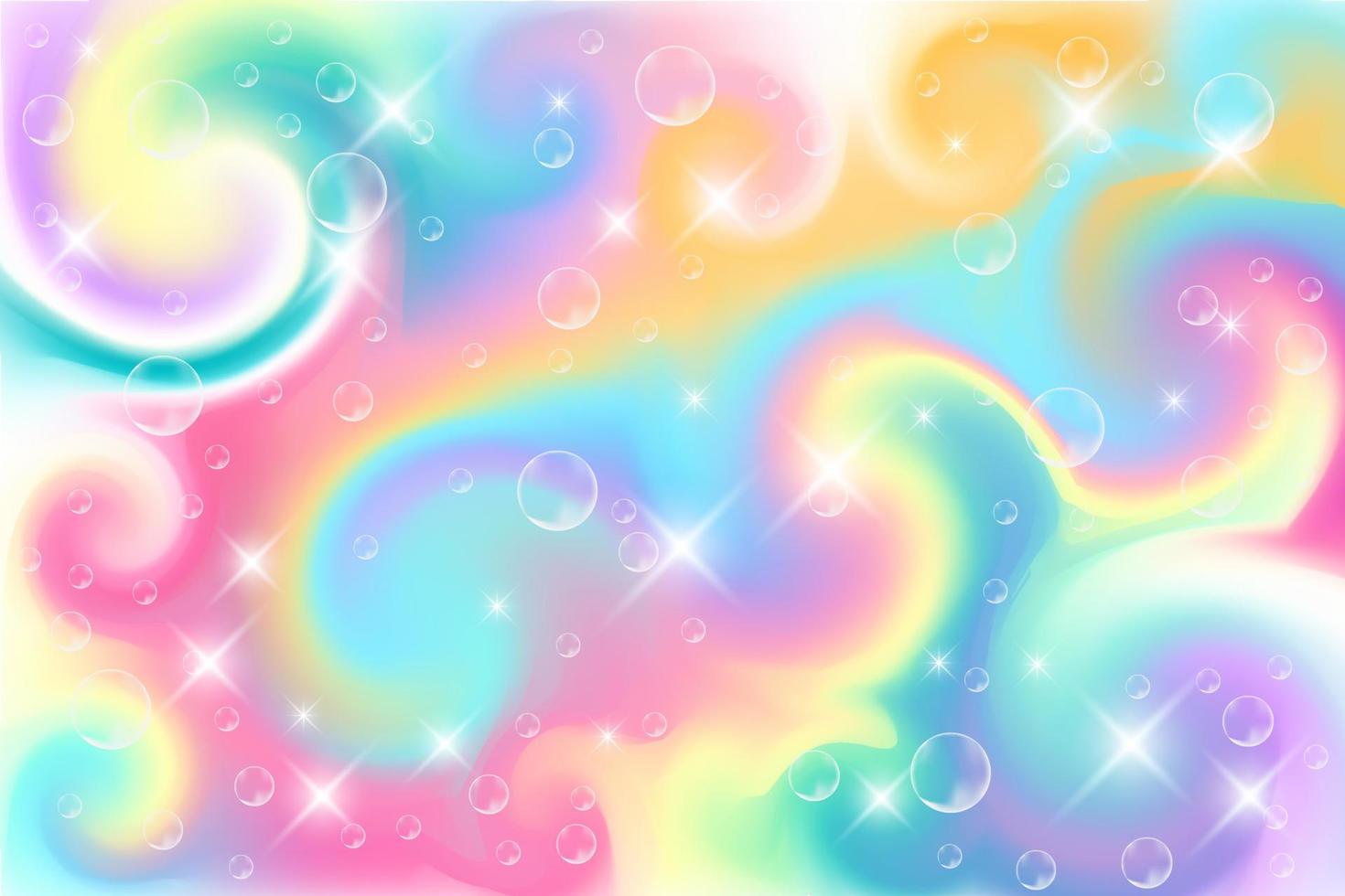 Fondo de unicornio de fantasía de arco iris en colores pastel con estrellas y burbujas. cielo multicolor brillante. vector