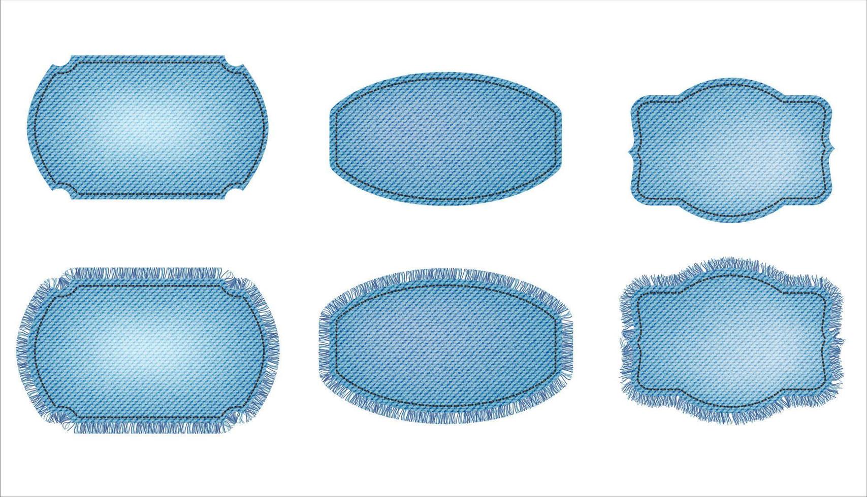 Set of blue denim patches with stitch and fringe. Light blue denim. Patches of different shapes vector