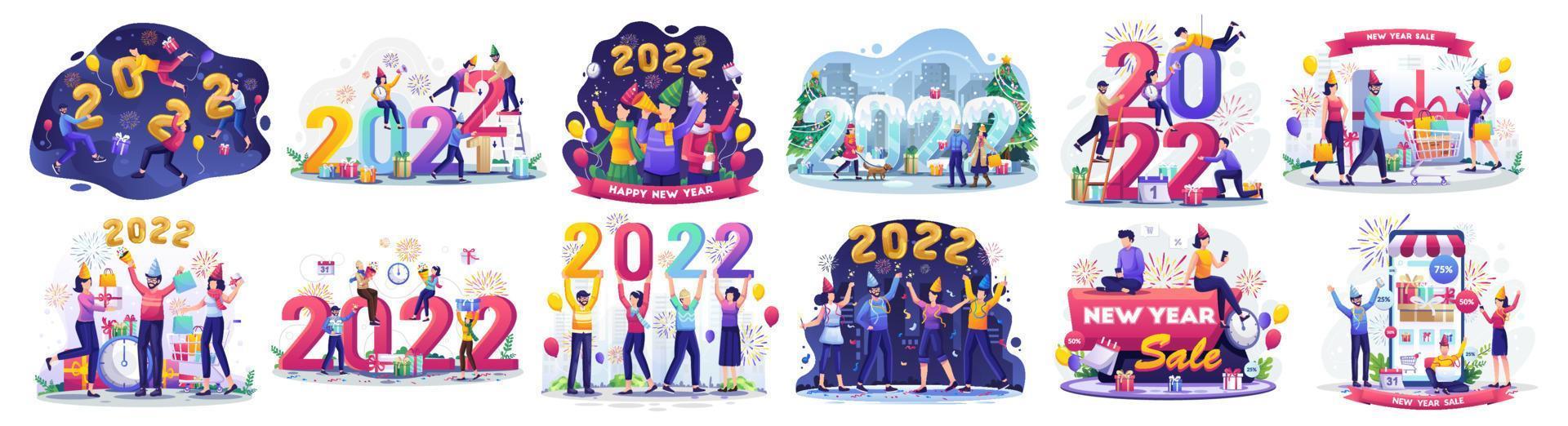 conjunto de ilustración de concepto de año nuevo, compras y venta. Hombres y mujeres jóvenes haciendo una fiesta divertida y la gente hace compras para celebrar el año nuevo 2022. ilustración vectorial plana vector