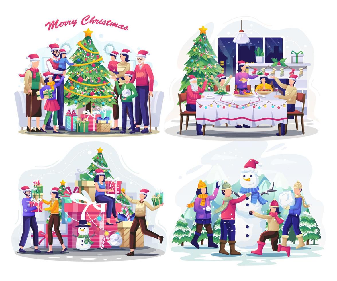 Set of Christmas concept illustration with people and family celebrate holiday Christmas and new year. Flat vector illustration