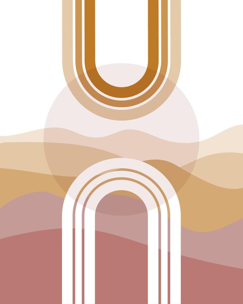 Boho arch shapes with a minimalist landscape as a background. Mid-century modern art print vector