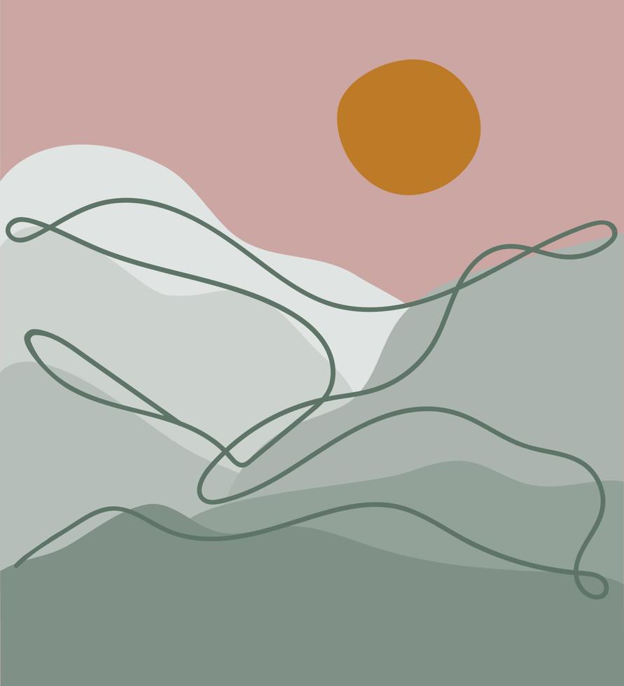 paisaje abstracto vector minimalista con montañas y sol. cartel de ilustración plana moderna con arte lineal