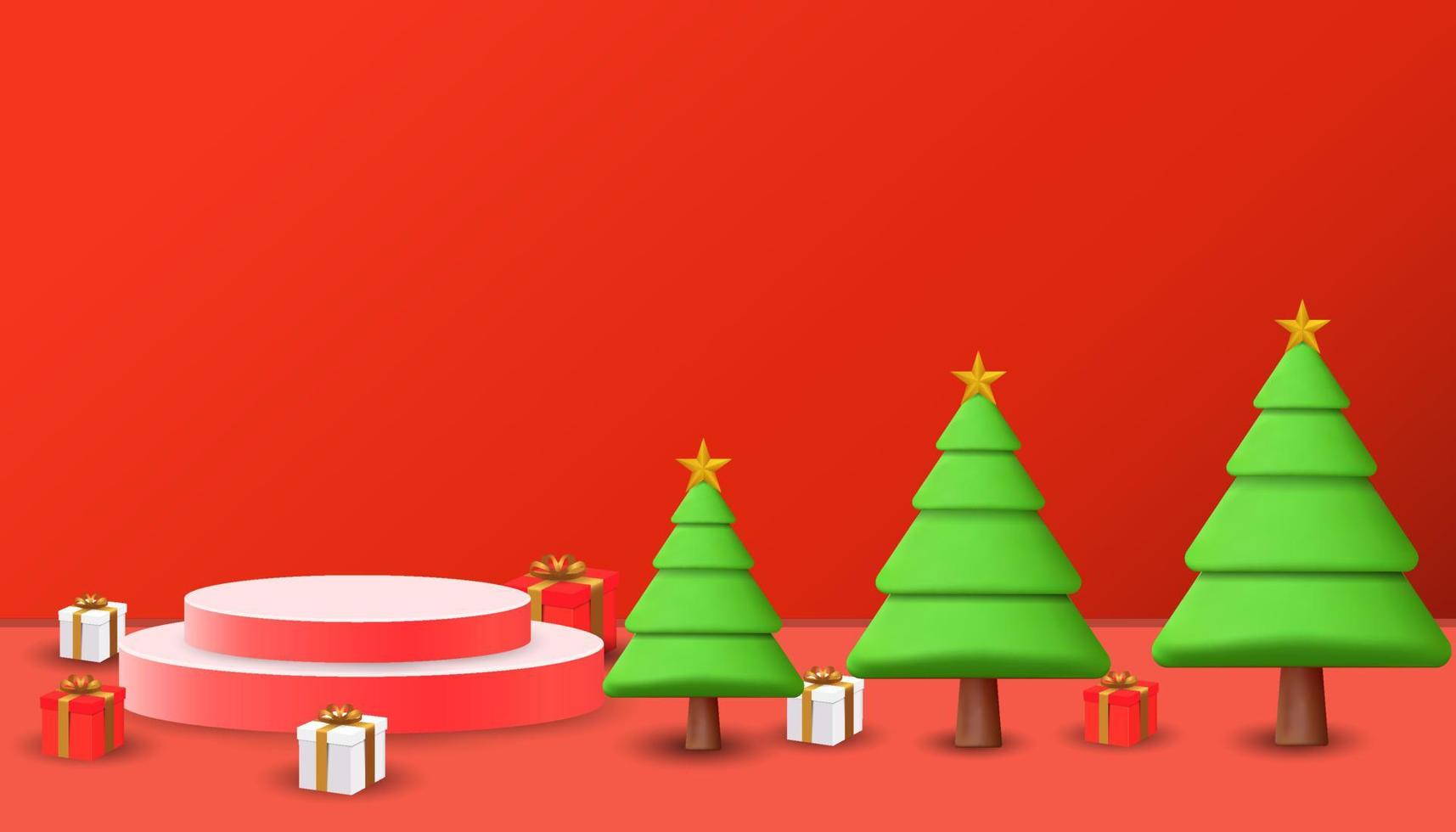 feliz navidad y próspero año nuevo fondo con árbol de navidad 3d, cajas de regalo 3d y podio 3d. Fondo de navidad 3d con área de espacio de copia vector
