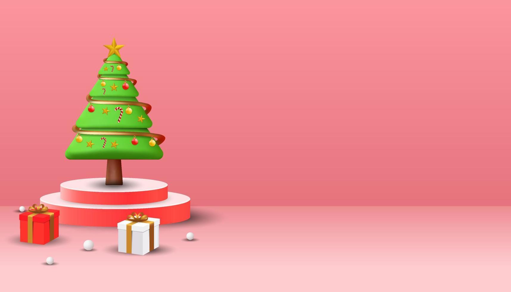 merry christmas background with 3D christmas tree on the podium and gift boxes 3D. christmas background with copy space vector
