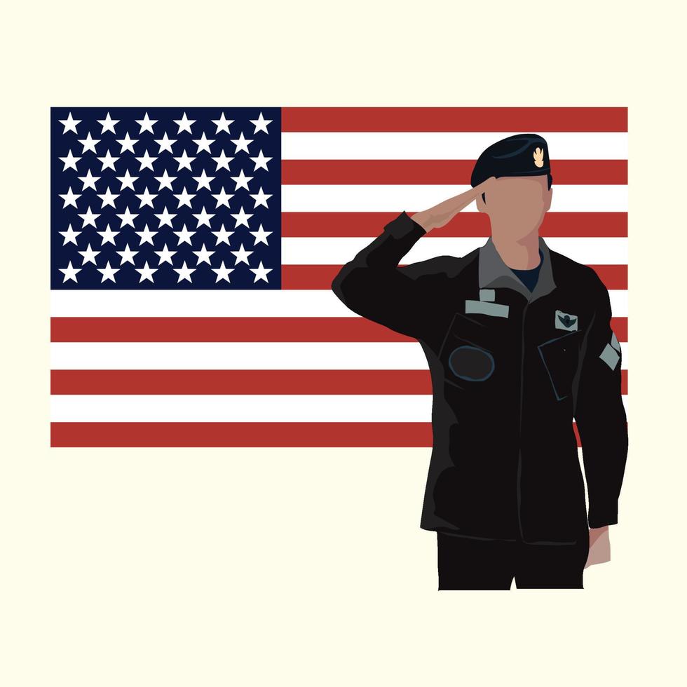 arte vectorial de un militar saludando a la bandera americana vector