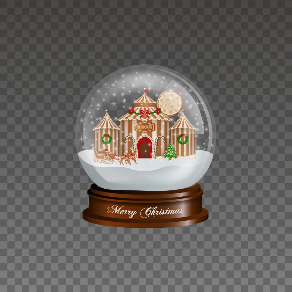 christmas snow globe with gingerbread circus and santa claus seigh vector
