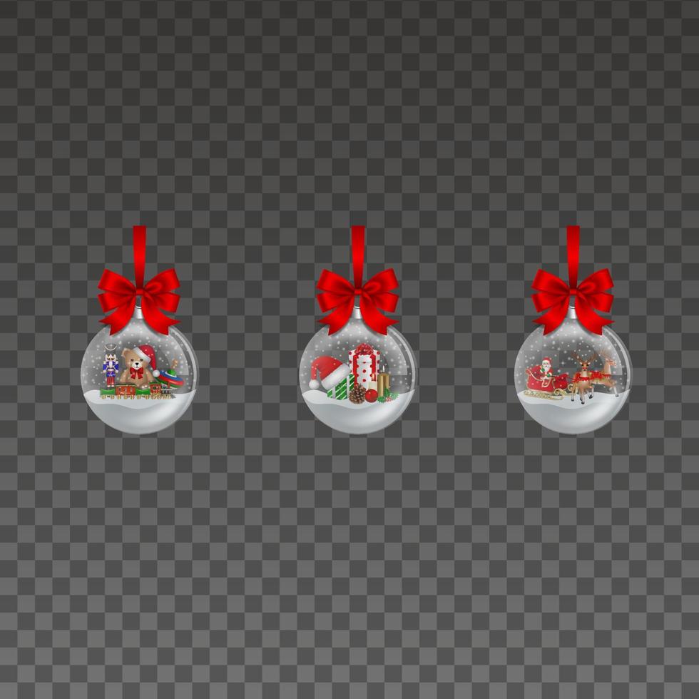 Set of isolated transparent christmas balls with decorations and red bows vector