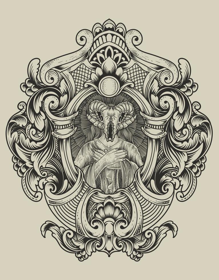 illustration satan goat skull with engraving ornament frame vector