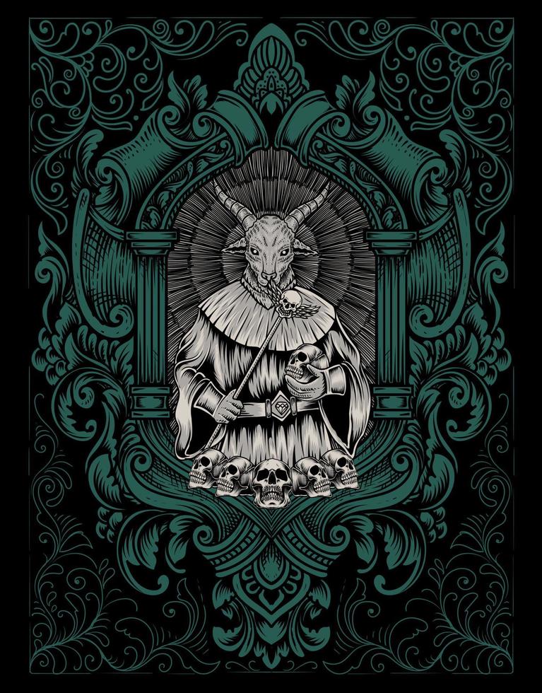 illustration scary baphomet on engraving ornament frame vector