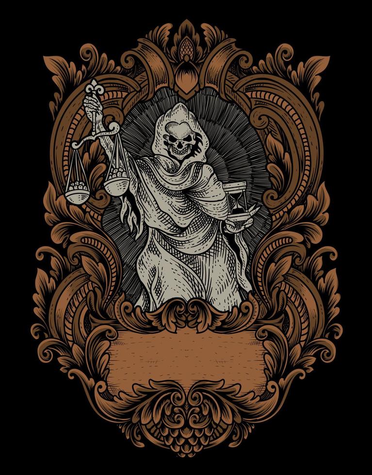 ilustración, justicia, muerte, ángel, con, vendimia, grabado, ornamento vector