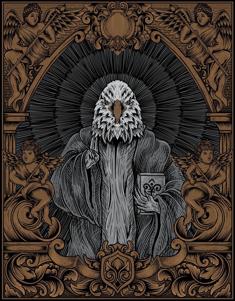 illustration scary eagle satan on engraving ornament frame vector