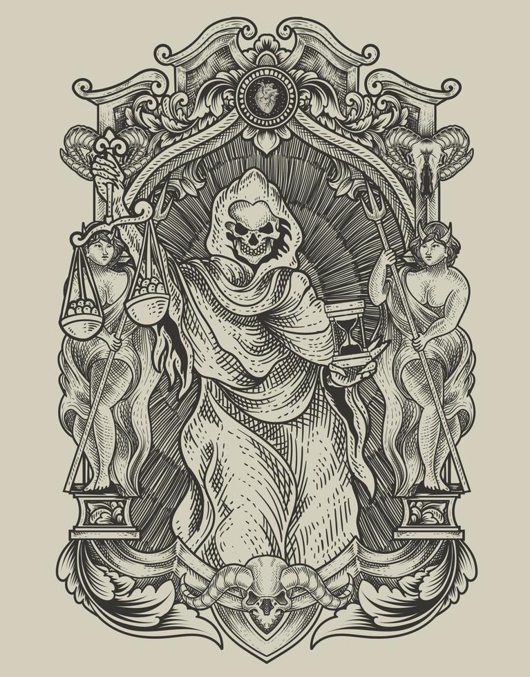 ilustración, justicia, muerte, ángel, con, vendimia, grabado, ornamento vector