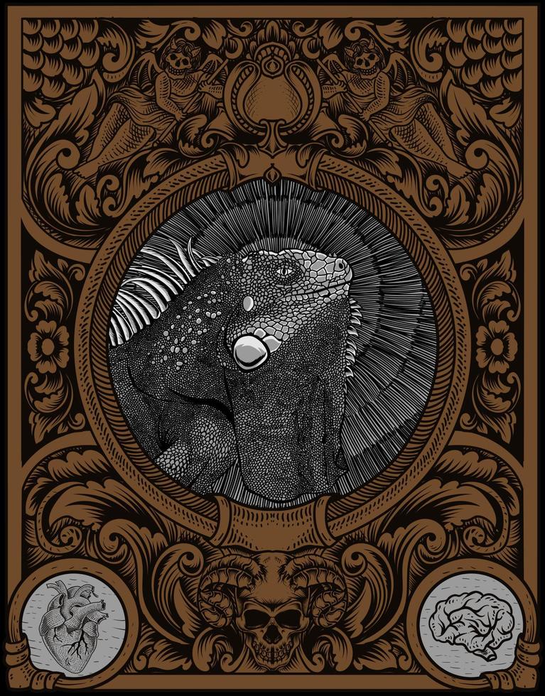 illustration vintage iguana with engraving ornament frame vector