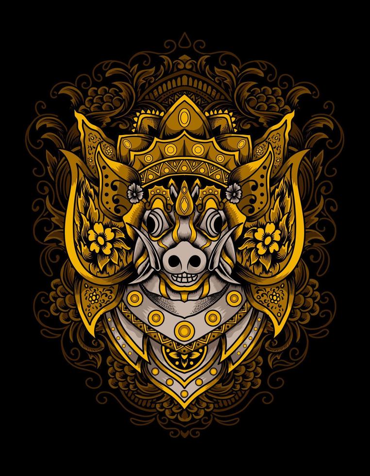 Ilustración vectorial cabeza de barong bangkung con adornos de grabado vintage vector