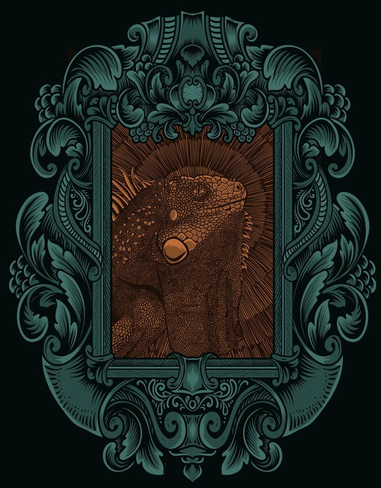 illustration vintage iguana with engraving ornament frame vector