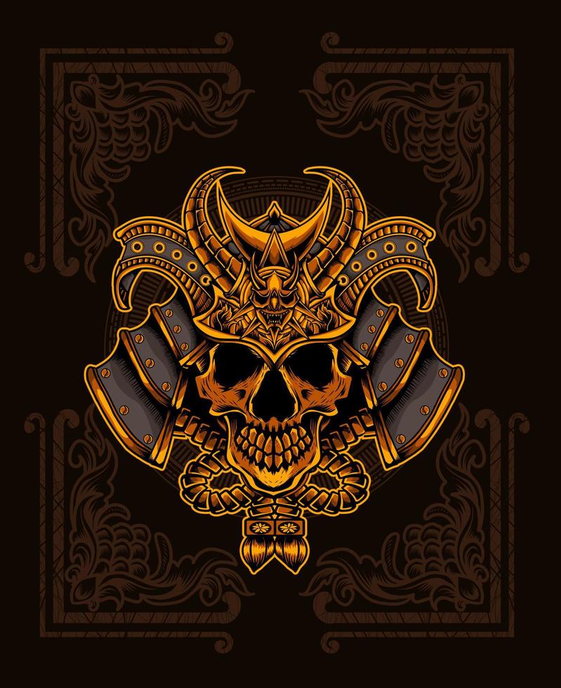 illustration vector samurai skull head with vintage ornament