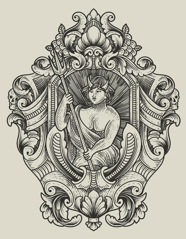 illustration luchifer devil on vintage engraving ornament frame vector