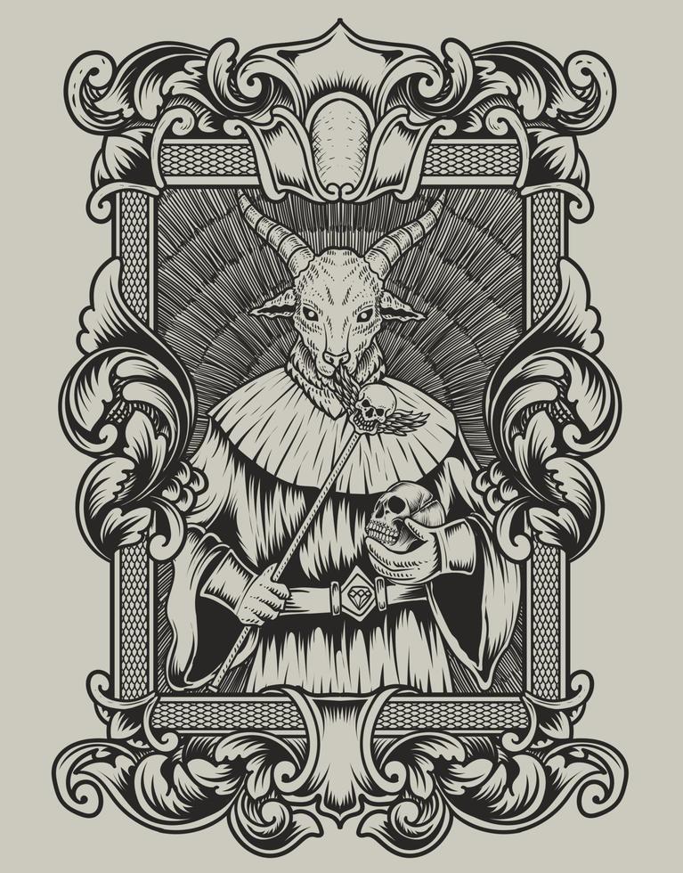 illustration scary baphomet on engraving ornament frame vector