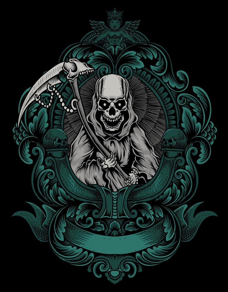 illustration death angel with vintage engraving frame vector