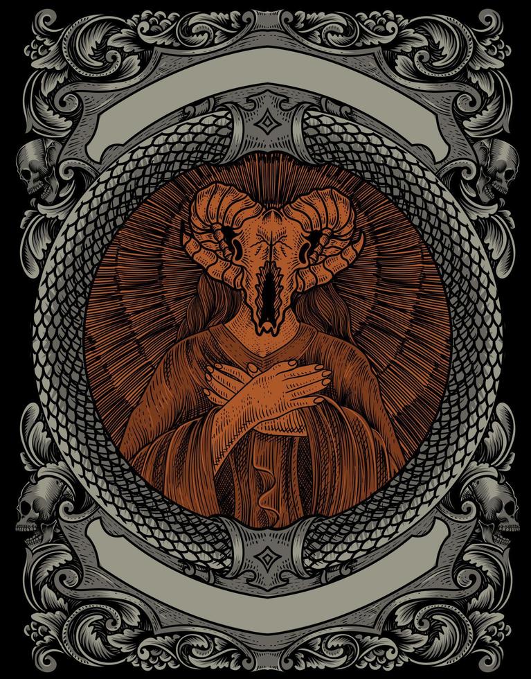 illustration satan goat skull with engraving ornament frame vector